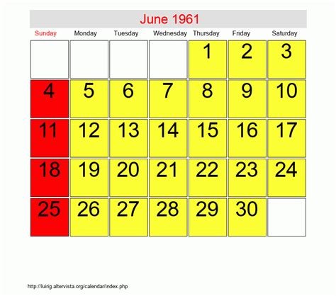June 1961 Calendar